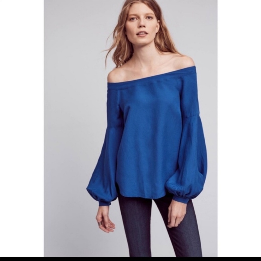 FLOREAT Blue Off the Shoulder Puffed Sleeve Blouse